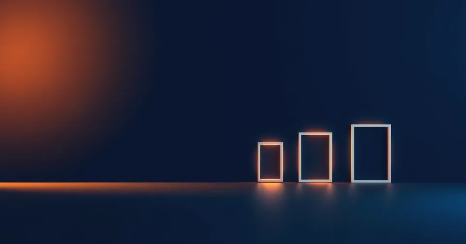 Ilustración abstracta: una fila curva de marcos rectangulares vacíos que brillan en ámbar.