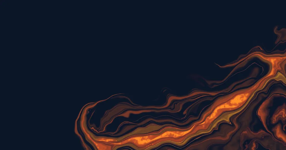 Ilustración abstracta: un remolino de ámbar fundido en un líquido azul marino.
