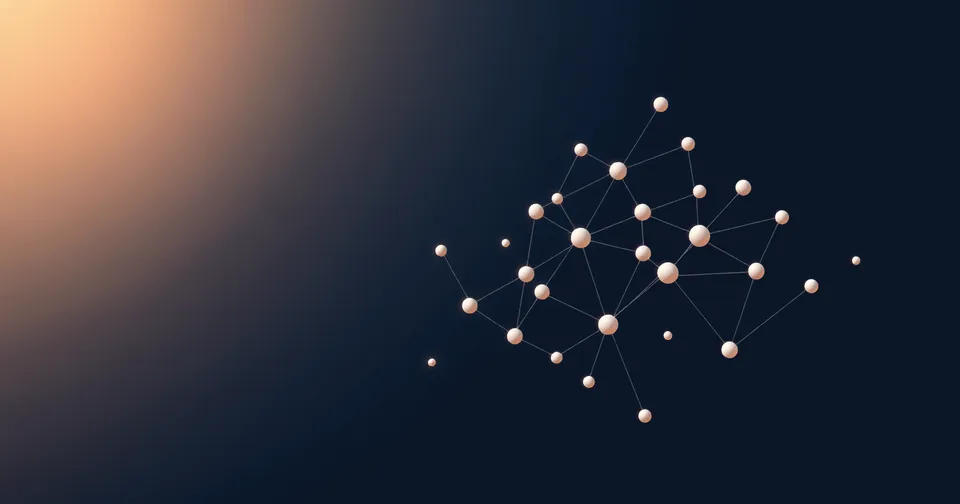 Abstract illustration: a network of white nodes joined by amber lines, like a constellation.